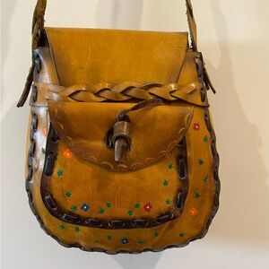 Vintage handmade boho hippie leather tooled floral bag
